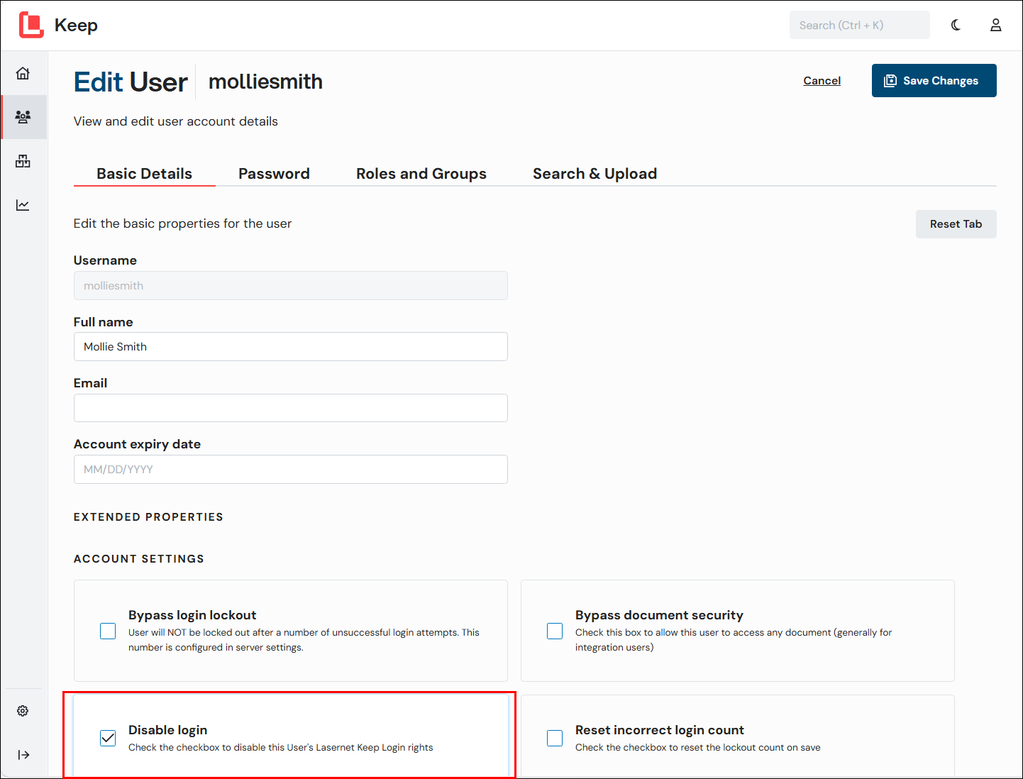 The Basic Details tab with the Disable login box selected.